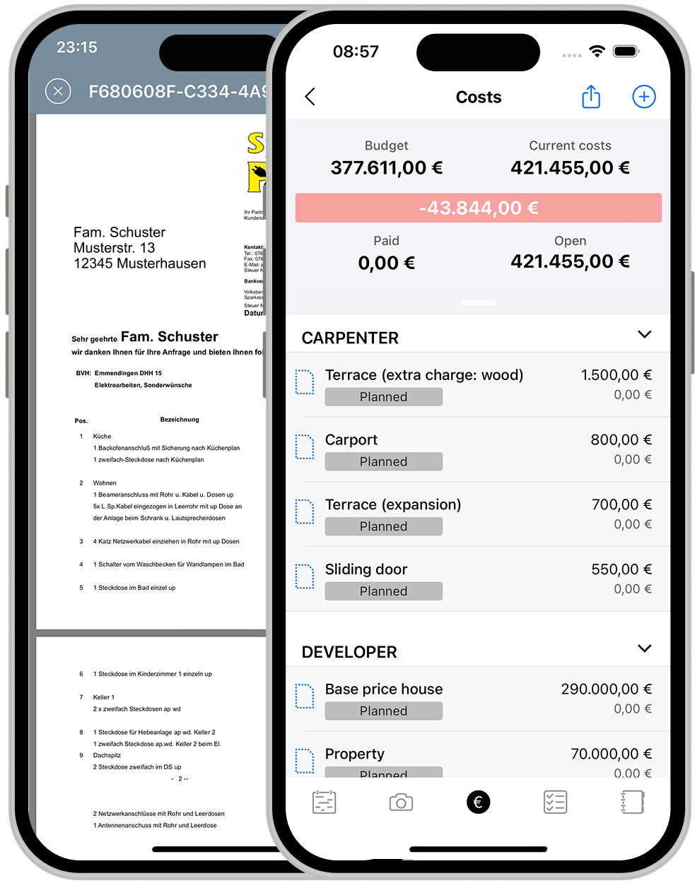 Cost overview screenshot